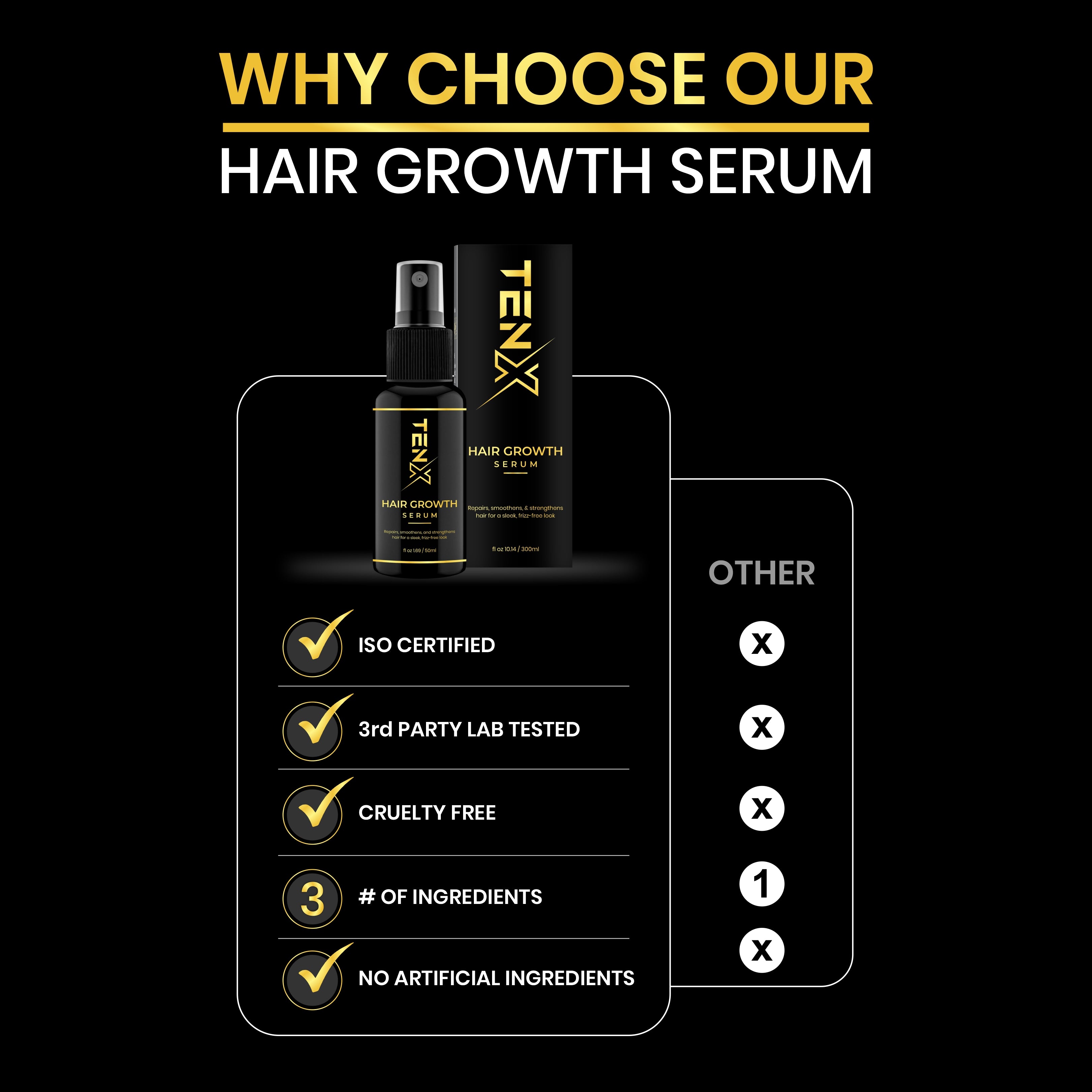 TENX HAIR GROWTH SERUM REPAIR, SMOTHENS AND STRENGTHNESS HAIR, 50ML