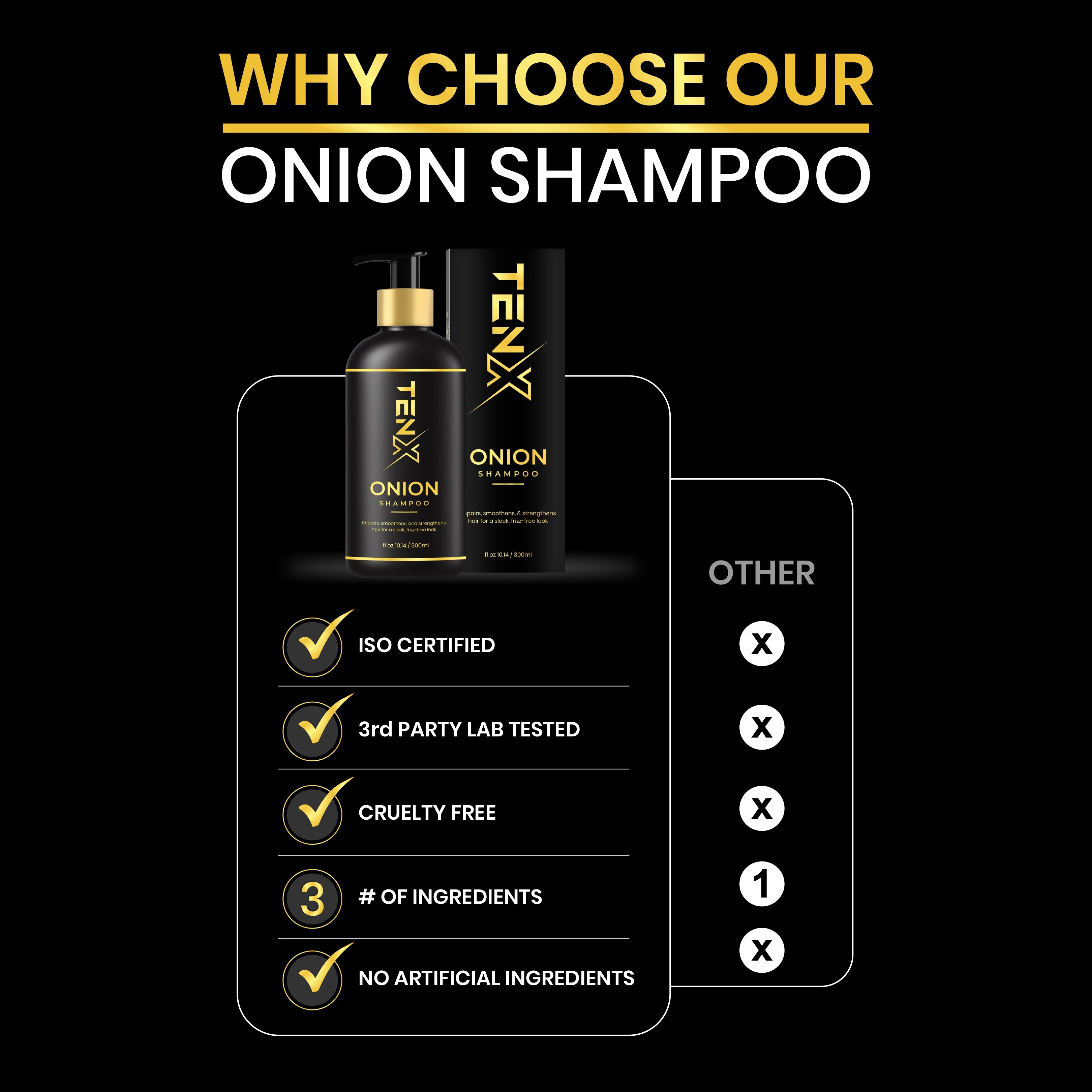 TENX ONION SHAMPOO FOR REPAIRS, SMOOTHENS, AND STRENGTHENS, 300ML